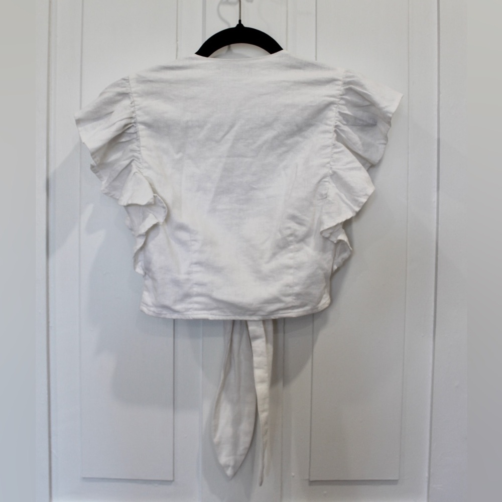 Abercrombie & Fitch Linen Cropped White Ruffle Tie-Front Top | XSmall - Picture 2 of 3